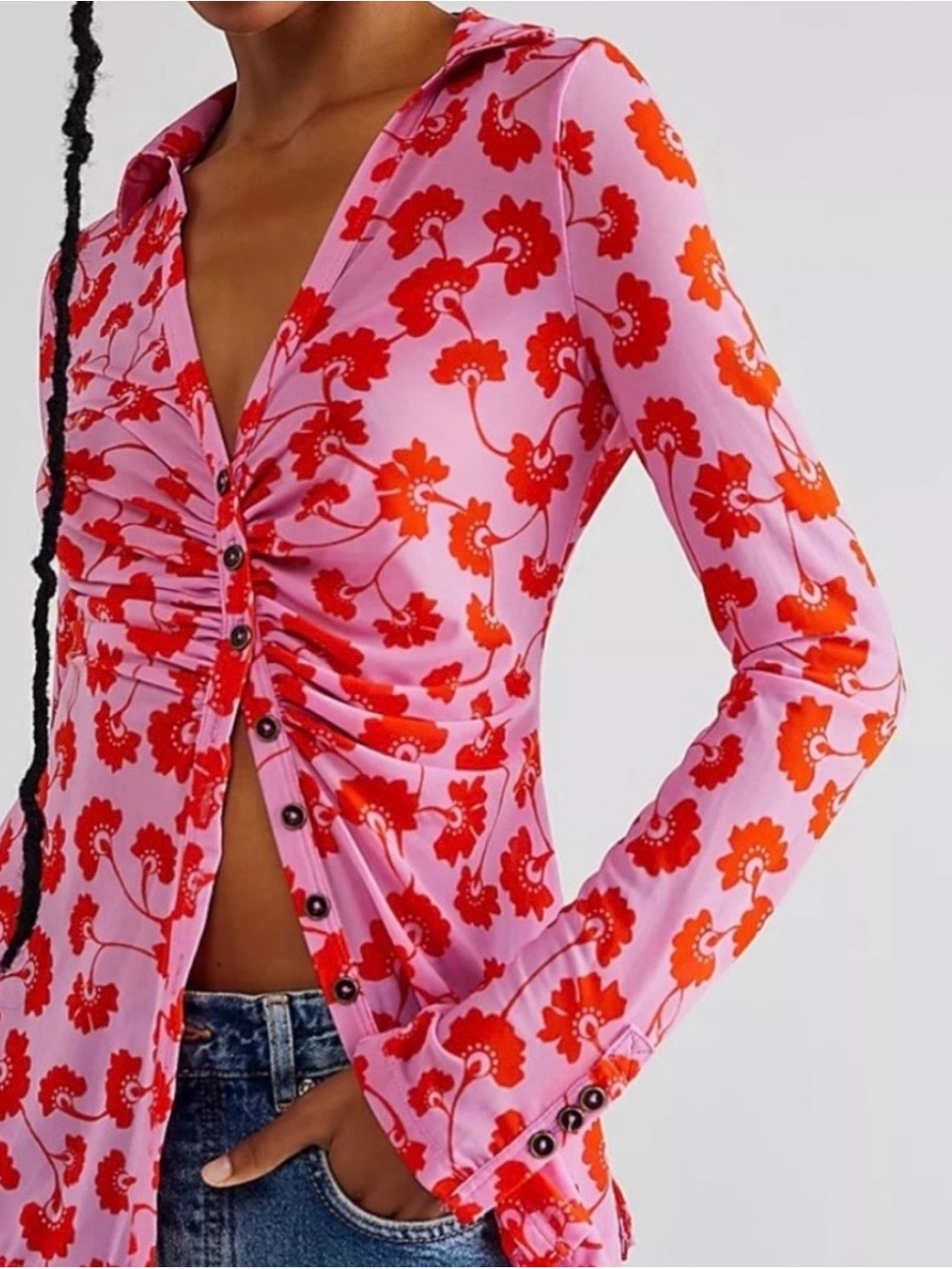 Free People Pink & Red Floral Button-Front Women's Top - Size Medium